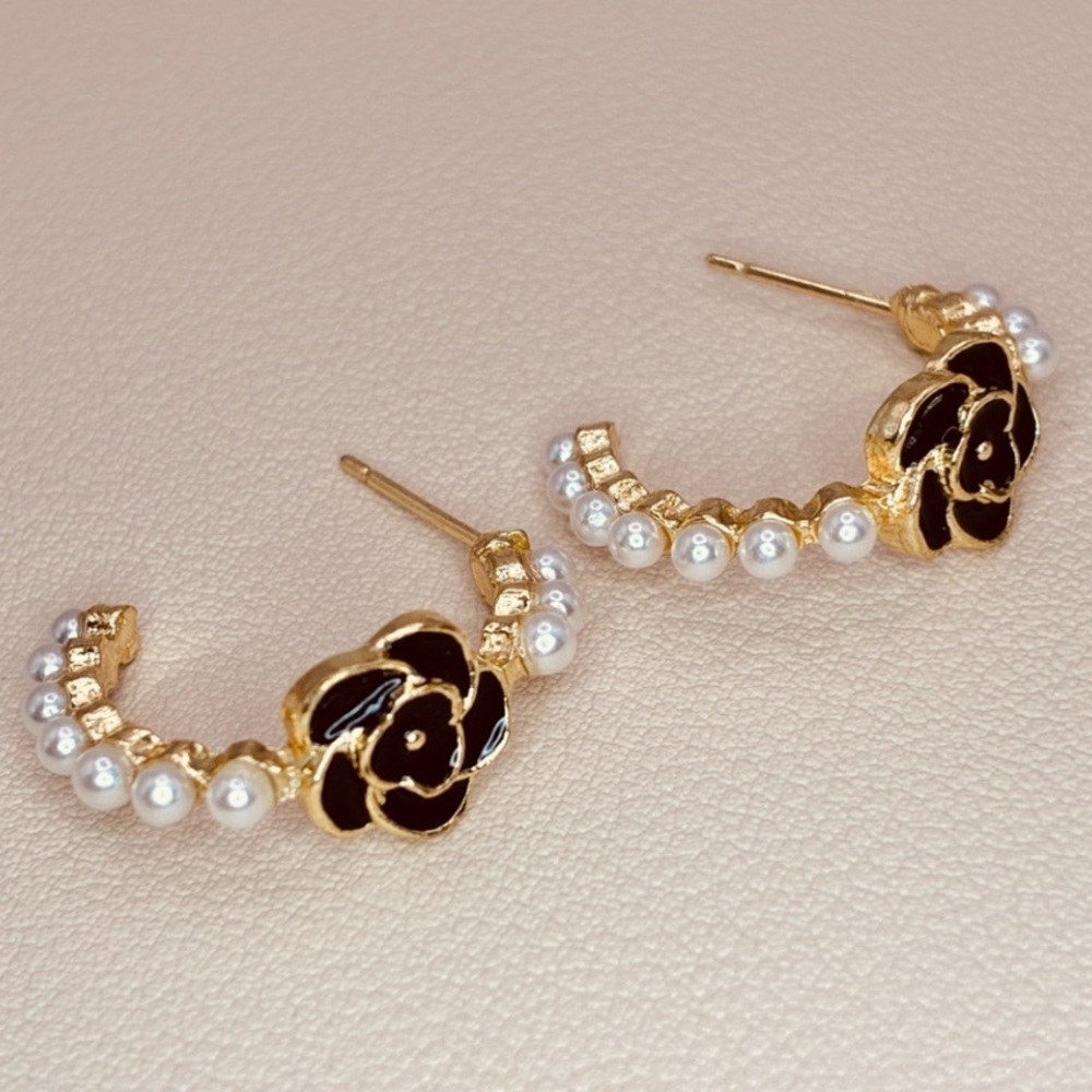 Gold and Black Floral Beaded Pearl C Shaped Hoop Earrings